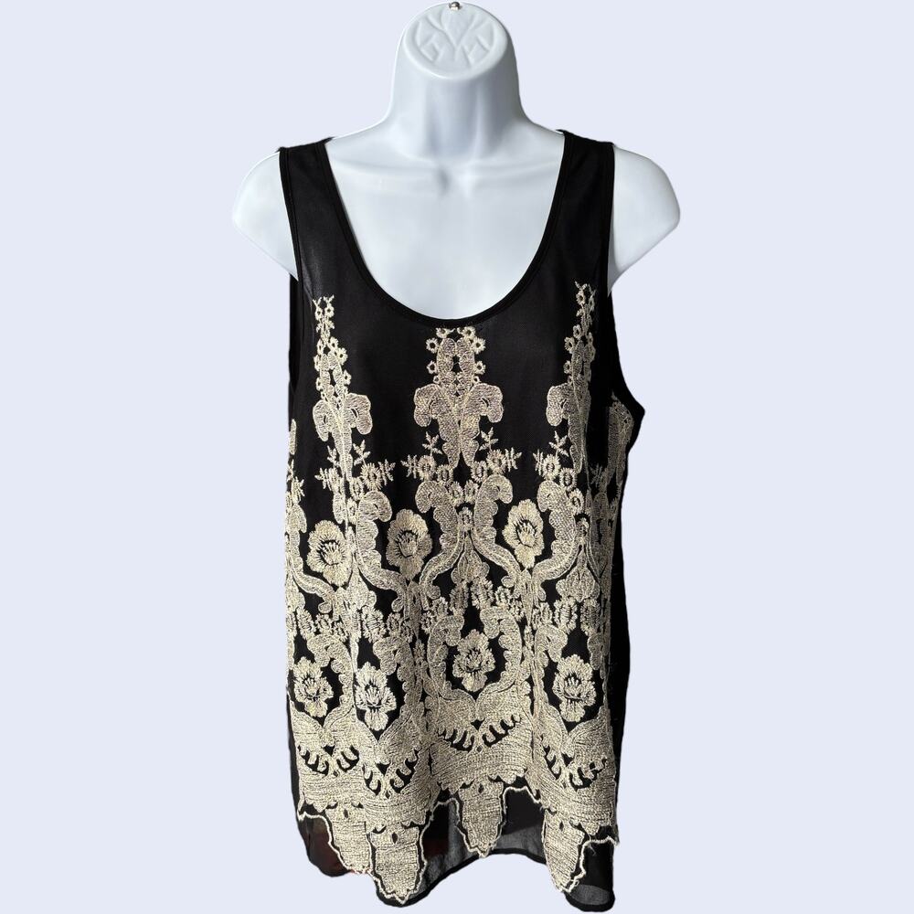 Fiore baroque embroidered tank top black sheer scallop hem L